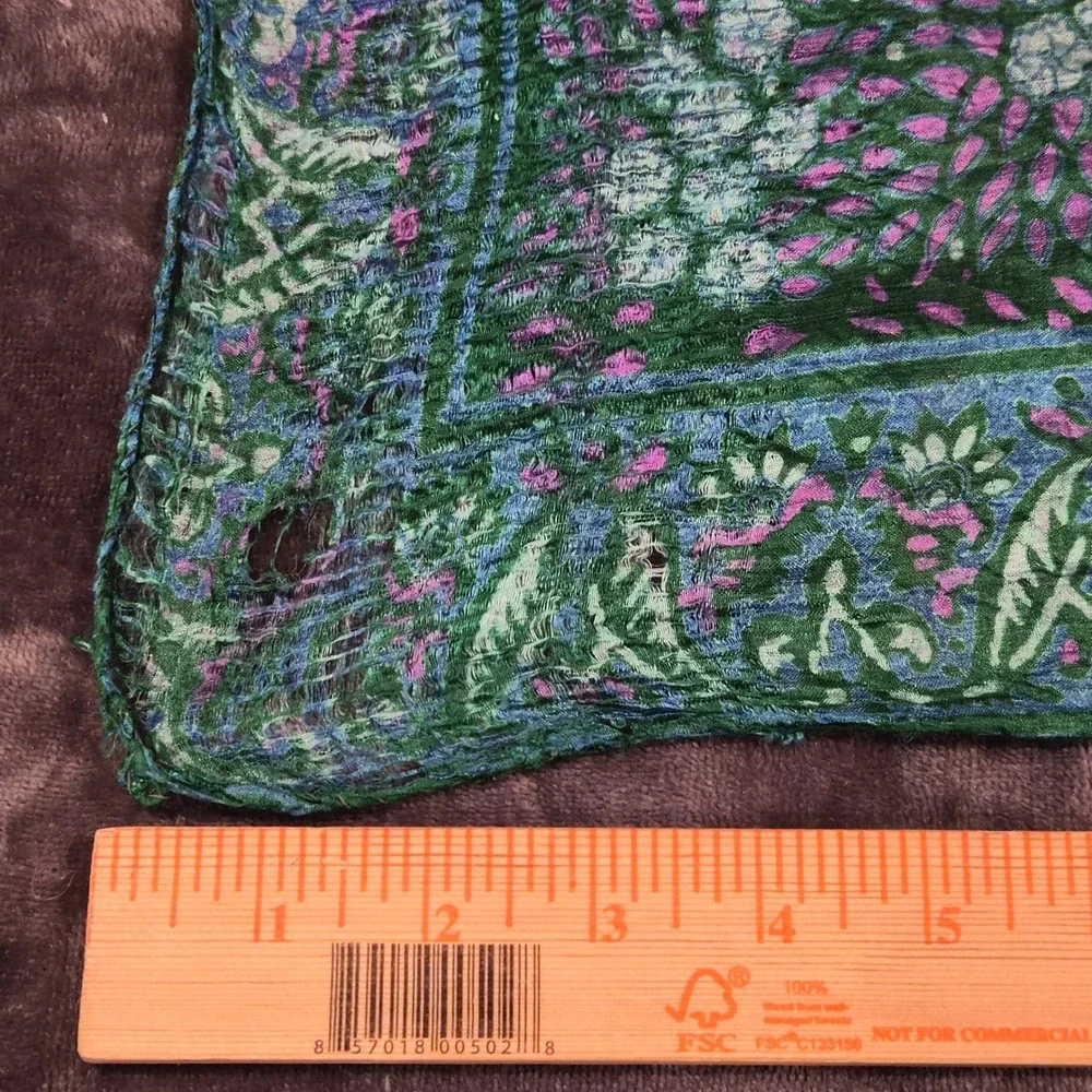 Vintage Silk Square Scarf Green Purple Floral Paisley Block Print 27x27 Thin